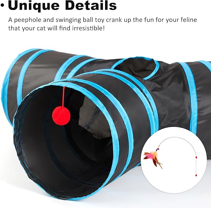 Love's cabin Cat Tunnel Tube Cat Toys 3 Way Collapsible, Cat Tunnels for Indoor Cats，Kitten Tunnel Bored Pet Cat Play Tunnel with Peek Hole Toy Ball for Cat, Kitty, Kitten, Rabbit, Puppy Blue