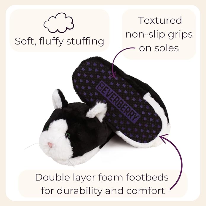 Black and White Kitty Slippers for Women and Men - Fuzzy Plush Tuxedo Cat Slippers for Adults