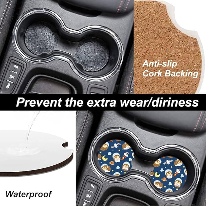 Absorbent Car Cupholder Coaster 2 Pack, Cute Car Coasters with a Finger Notch for Women & Men,2.56" Ceramic Stone & Non-Scratch Cork Base Drink Coasters, Cute Auto Accessories Gifts