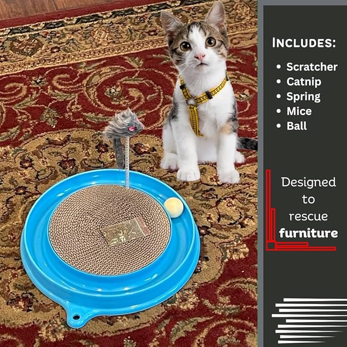Round Cat Scratcher with Ball, Cat Toys Scratching Pad for Indoor Play Physical Interactive Cat Scratchers Toy for Kitten with Spring & Ball Perfect for Mental & Physical Exercise Cat Ball Track, Blue