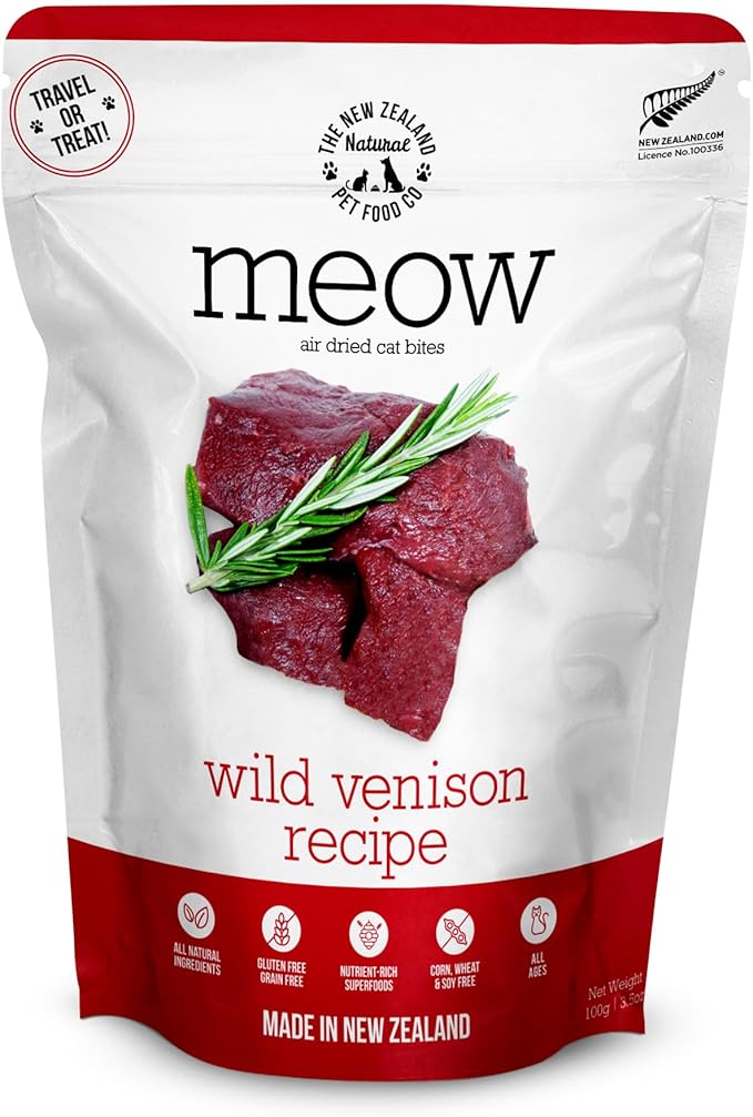 Meow Air Dried Cat Food - Venison Recipe, High Protein Dry Cat Food, Use as a Complete Diet, Topper, Mixer, or as Cat Training Treats, All Life Stages,3.5 oz