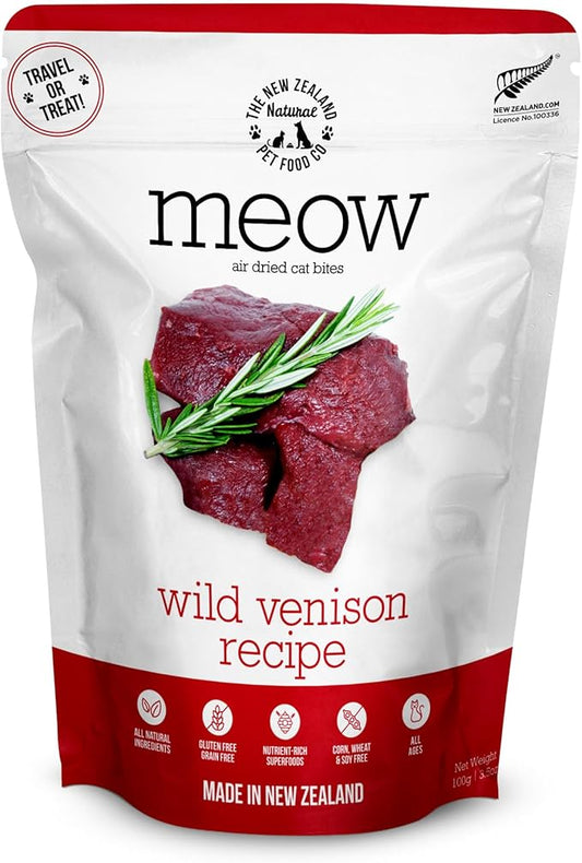 Meow Air Dried Cat Food - Venison Recipe, High Protein Dry Cat Food, Use as a Complete Diet, Topper, Mixer, or as Cat Training Treats, All Life Stages,3.5 oz
