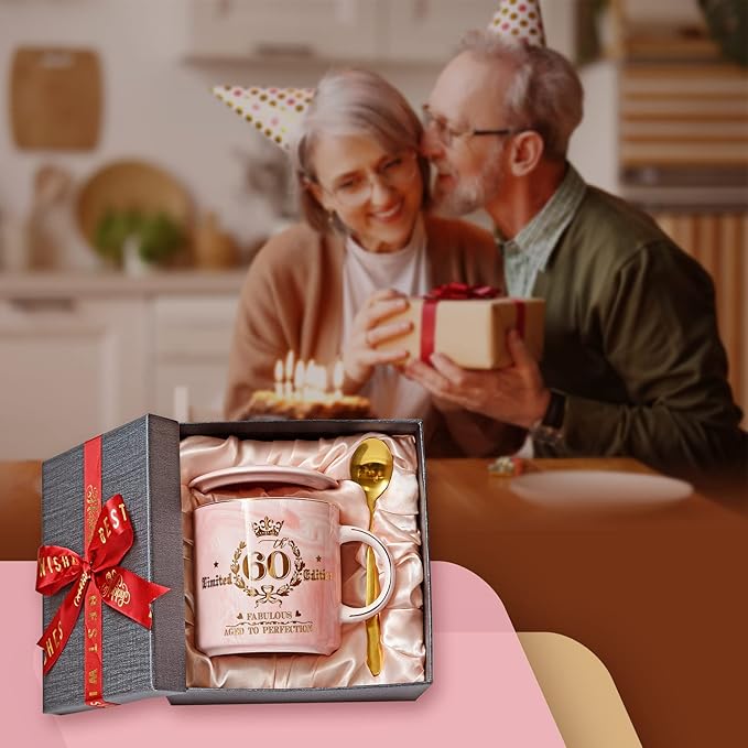 60th Birthday Gifts for Women - Fabulous 1965 Aged to Perfection Happy Birthday Mug - Limited Edition 60th Pink Coffee Mug Printed with Gold, Gift Idea for Turning 60 Years Old Women, Gift Boxed