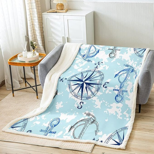 Feelyou Anchor Decor Sherpa Blanket - Nautical Compass for Couch, Travel, Sofa - Ocean Themed Fleece, Sea Adventure Fuzzy Plush Throw - Room Decor - 40"x50"