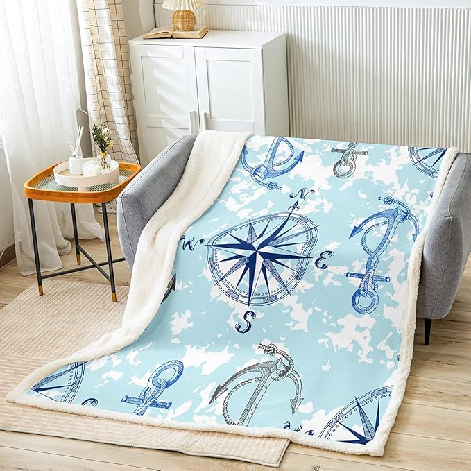 Anchor Decor Sherpa Blanket Nautical Compass Blanket for Bed Couch Travel Sofa Ocean Marine Themed Fleece Throw Blanket Kids Adults Soft and Cozy Sea Adventure Plush Fuzzy BlanketBaby 30"x40"