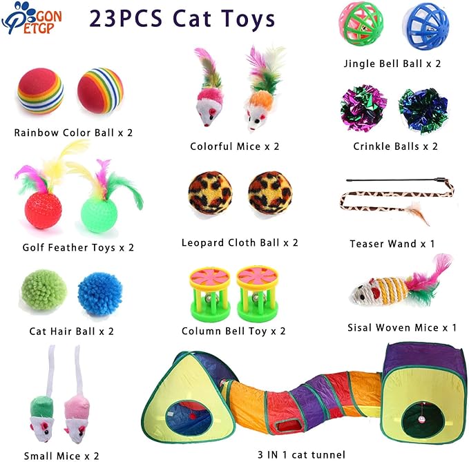 Cat Toys for Indoor Cats, Kitten Toys Set, Collapsible Pet Tunnel Cube Tent Toys, Interactive Cat Feather Teaser Wand Cat Bell Balls Fuzzy Ball Springs Mouse Toys for Cat Kitty (Rainbow)