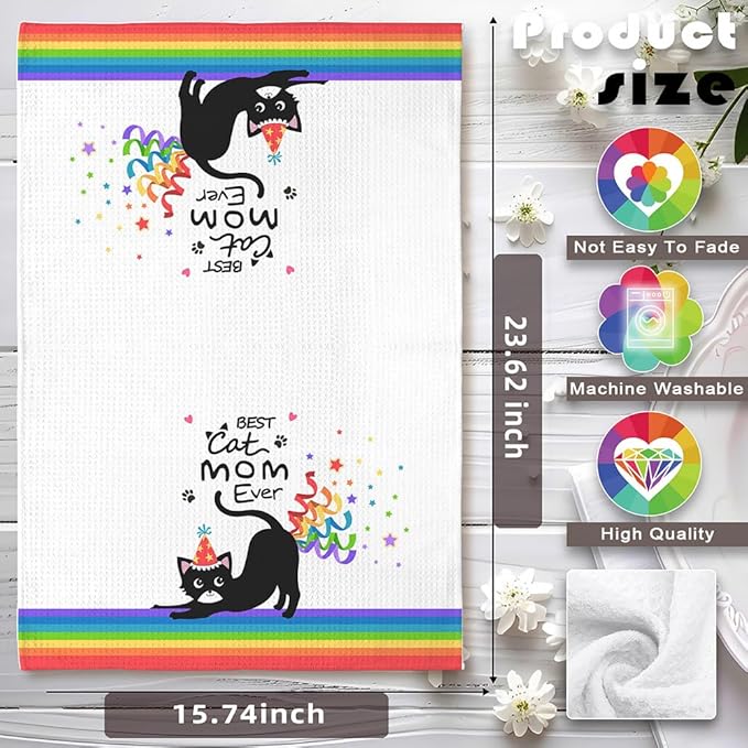 Birthday Gift for Cat Moms-Cute Kitchen Towel with Party Hat Kitty & Confetti Design,Quick-Drying Decorative Hand Towel for Kitchen & Bathroom Decor,Funny Feline Lover Accessories for Crazy Cat Ladies