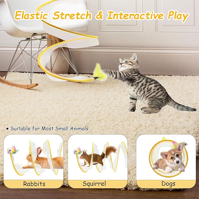 Folded Cats Tunnel Toy for Cats, Collapsible Cats Spring Tunnels Toy with Feather Mouse Toys, Played Tunnels Cats Tunnel Bed Tube Inside Cats, Interactive Cats Toy for Puppy Kitten