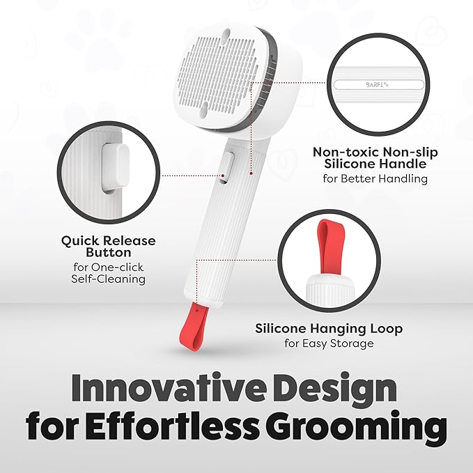 BARFI Pet Brush - Self-Cleaning Pet, Cat, Dog Shedding Brush - Multi-Functional Grooming Tool with Negative Ion Technology, Vibrating Massager, Wood's Lamp (White) - Free Pet Bowl
