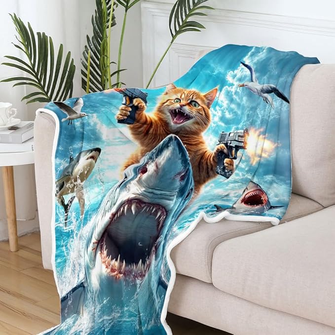 Cute Cat Throw for Kids, Cool Kitty Riding Shark on Blue Grey Ocean Fleece Throw Blanket Cozy Soft Lightweight Couch Sofa Bed,Blue Blankets Bedding Gifts for Girls Boys Teens Cute Throw Blanket