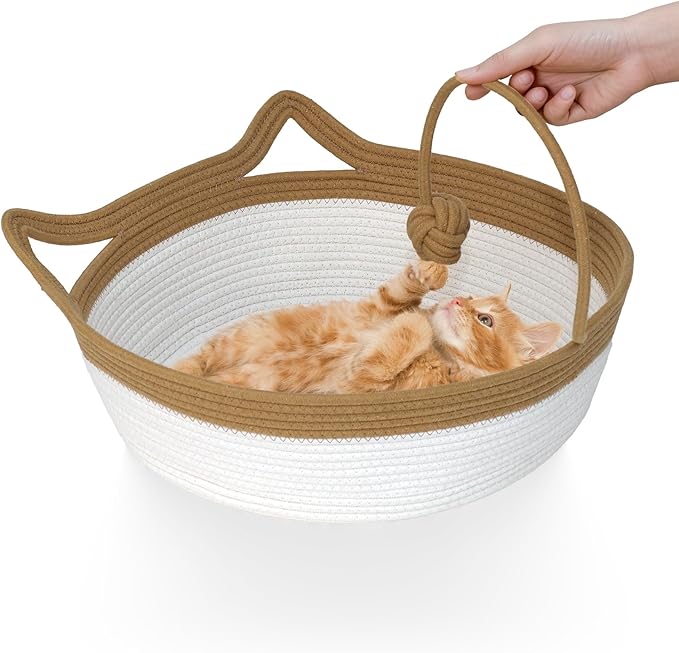 Cotton Rope Cat Bed, Cat Foldable Sleeping Basket, Pet Sleeping Bed Basket with a Playing Rope Ball, Hand Woven Small Dogs Sofa Bed, Kitten Shaped House for Pets (Medium, Brown & Beige)