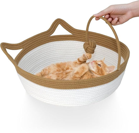 Cotton Rope Cat Bed, Cat Foldable Sleeping Basket, Pet Sleeping Bed Basket with a Playing Rope Ball, Hand Woven Small Dogs Sofa Bed, Kitten Shaped House for Pets (Medium, Brown & Beige)