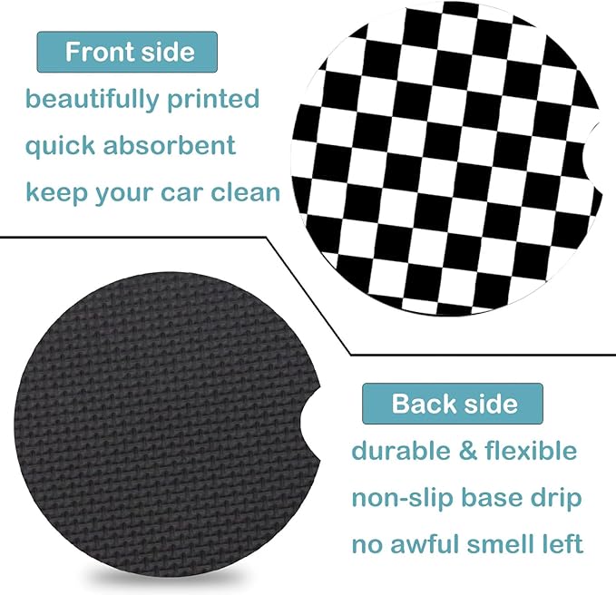 Car Coasters for Cup Holders,2 Pack Black and White Lattice Car Coasters,2.75" Universal Size Anti Slip Rubber Mat,Automotive Cup Holder Decal Decor Accessories,Gifts for Women,Men,Mom