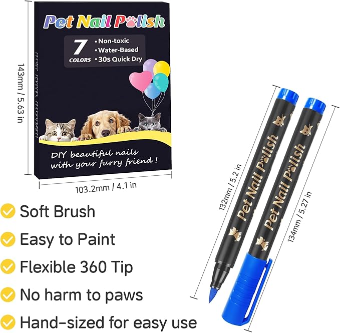 Dog Nail Polish Pens Quick Dry,7 Colors Safe Dog Nail Polish Set to DIY Pretty Nails, Ideal Gifts for Dogs Cats Light Dark Nails, Odorless, Non-Toxic, Water-Based Pet Nail Accessories Set