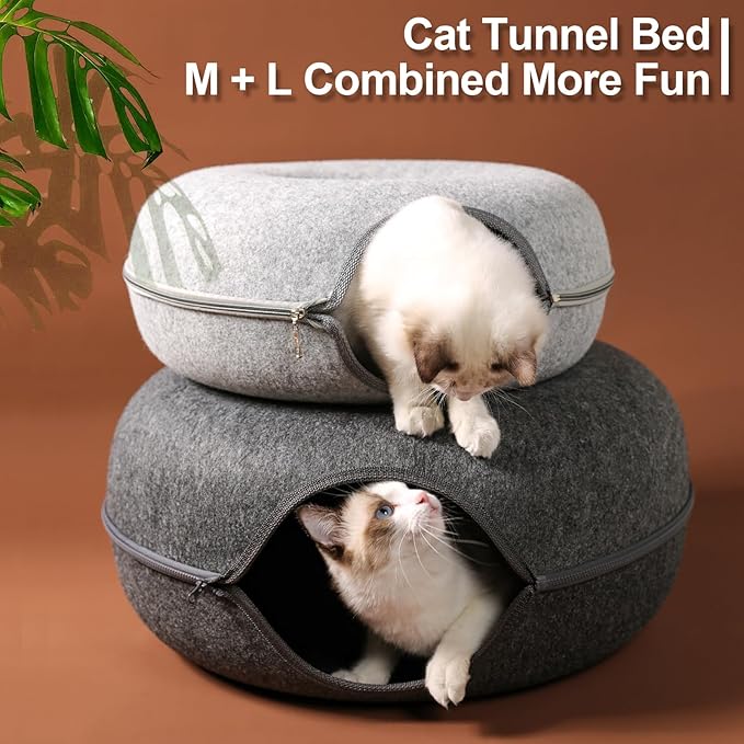 Cat Tunnel,Peekaboo Cat Cave Bed for Indoor Cats,Cat Donut Tunnel for Pet Cat House,Detachable Round Cat Felt & Washable Interior Cat Play Tunnel (20 Inch, Dark Grey)