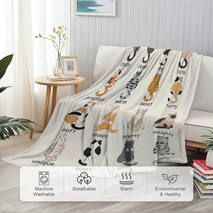 Cat Blanket, Funny Cat Gifts for Cats Lovers, Kitten Lovers Gifts for Women Girls Kids Adults, Cats Themed Throw Soft and Cozy Comfortable Warm Blankets 50" x 60"
