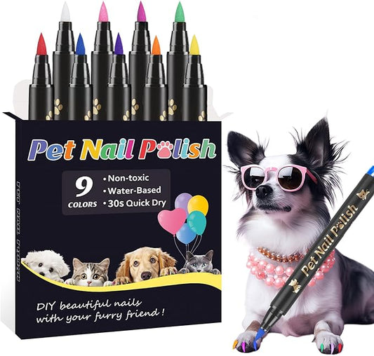 Dog Nail Polish Pens Quick Dry,9 Colors Safe Dog Nail Polish Set to DIY Pretty Nails, Ideal Gifts for Dogs Cats Light Dark Nails, Odorless, Non-Toxic, Water-Based Pet Nail Accessories Set