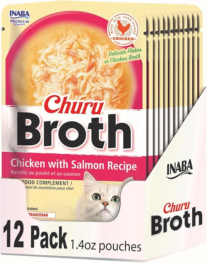 INABA Churu Broth for Cats, Creamy Broth with Shredded Chicken Side Dish Pouch, 1.4 Ounces per Pouch, 12 Pouches, Chicken with Salmon Recipe