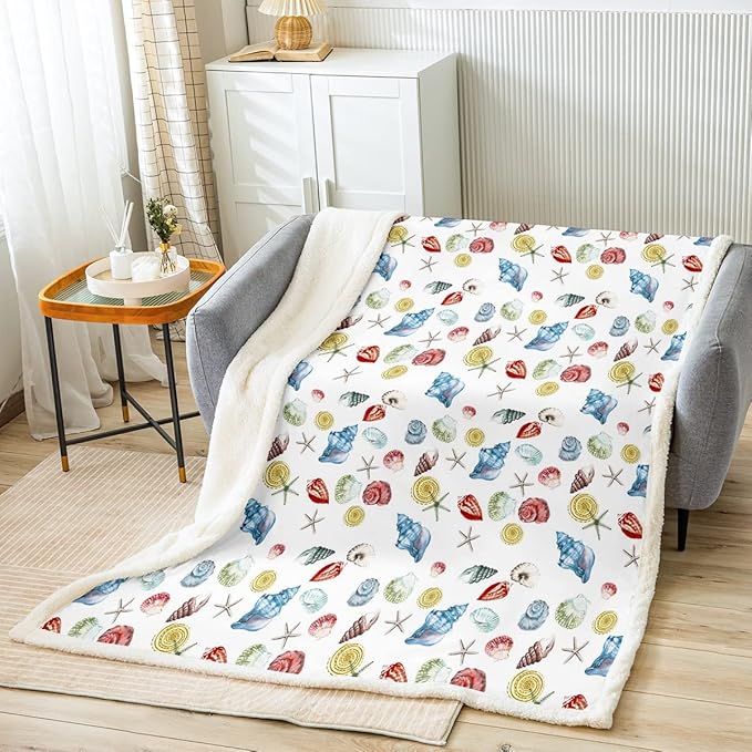 Seashell Sherpa Blanket,Starfish Blanket,Blue Conch Throw Blanket for Bed Chair Queen Size Ocean Theme Fleece Blanket,Colorful Starfish Fuzzy Blanket Kids Boys Girls Coastal Sea Animal Plush Blanket