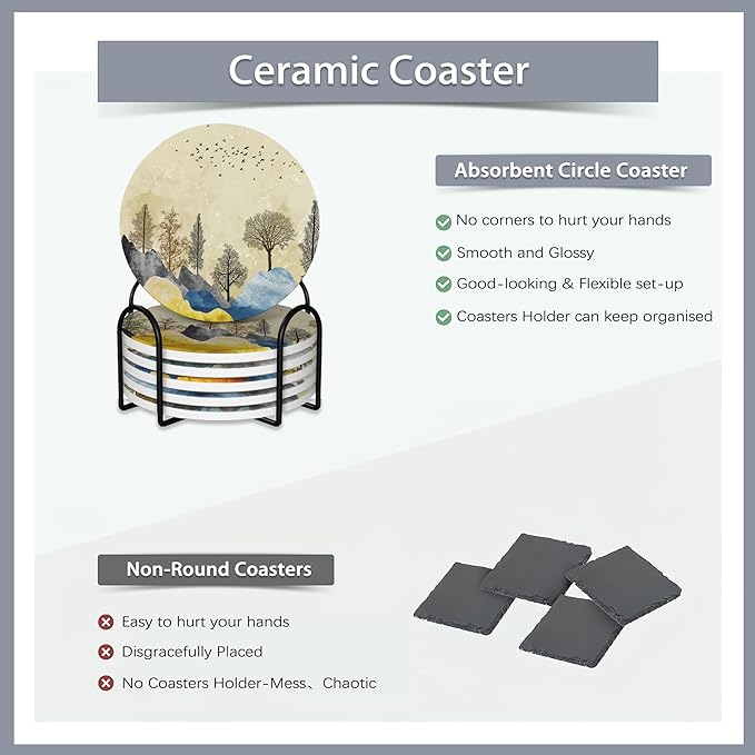 6 Pcs Coasters for Drinks with Holder,Brown Trees with Golden Gray Mountains Landscape Absorbent Coaster with Cork Backing,Great Gift for Housewarming,Room Decor,Bar,Holiday Party