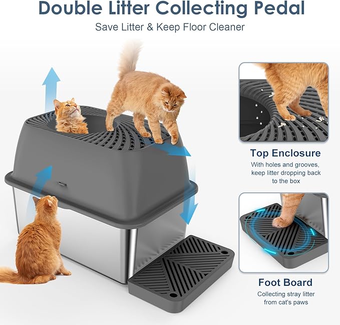 8" Deep Stainless Steel Litter Box with Lid, Top Entry Cat Litter Box for Dog-Proof, Enclosed Cat Litter Box with Footboard, Odor Control, Anti-Leakage, Non-Sticky, Easy Cleaning (Charcoal Gray)