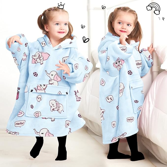 KFUBUO Wearable Blanket Hoodie for Kids Toddlers Sherpa Blanket Sweatshirt With Pocket Cute Hoodies 2-6 Year Old Girl Boy Birthday Gifts Elephant