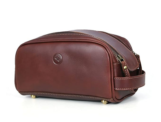 10" Leather Toiletry Travel Pouch With Waterproof Lining | King-Size Handcrafted Vintage Dopp - Kit ~ Gift for Father's Day By Aaron Leather Goods