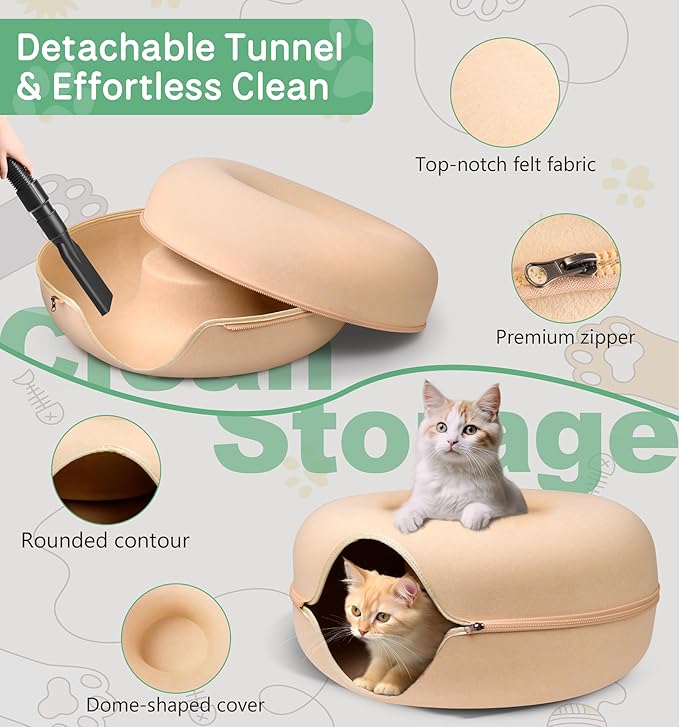 Peekaboo Cat Cave for Multiple Cats/Large Cats, Cat Caves for Indoor Cats Up to 9 Lbs, Cat Tunnel Bed, Scratch Detachable and Washable Large Donut Cat Bed, Yellow
