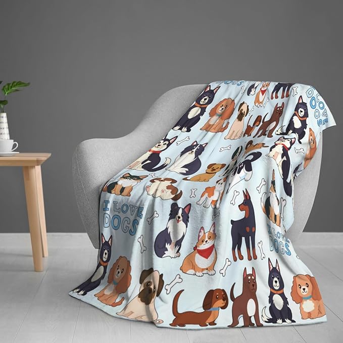 Kids Dogs Print Blanket Throw 60"x50", Plush Flannel Blankets with Dogs On It, Soft Warm Decorative for Kids Women Dog Lovers