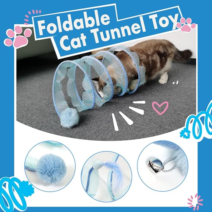 Folded Cat Tunnel, Cat Tunnel for Indoor Cats, Collapsible Cat Tunnel with Feather and Bell, Folded Cat Tubes, Cat Spring Toys for Rabbits and Cats, Portable Pet Toy (Yellow)