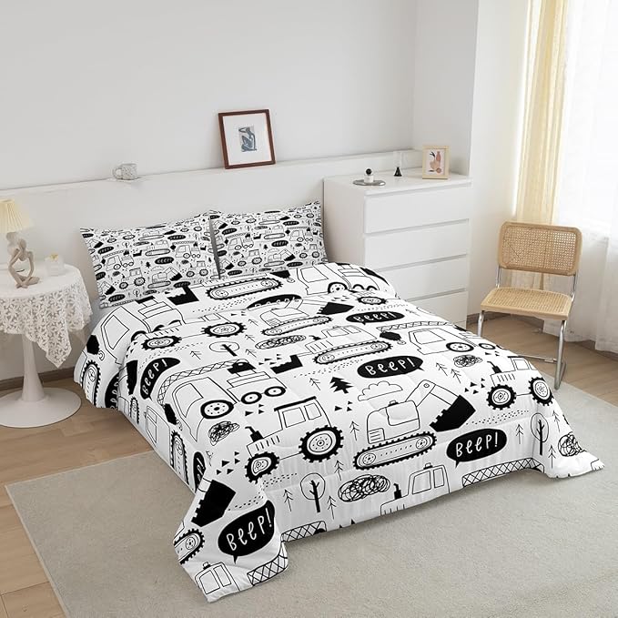 Cartoon Cars Kids Comforter Set Queen Size,Tractor Truck Excavator Toddler Bedding Set,Girls Boys Adults Room Decor,Construction Vehicles Down Comforter,Black White Chic Duvet Insert,2 Pillowcases