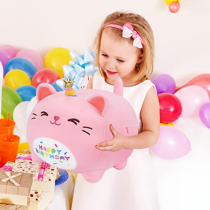 Auspicious beginning Pink Birthday Cat Plush Stuffed Animals-Gifts for Girlfriend, 16'' Pink Cat Plush, Kawaii Plushies Cat Body Pillow Cat Plushie, Kitten Plush Pillow Kids