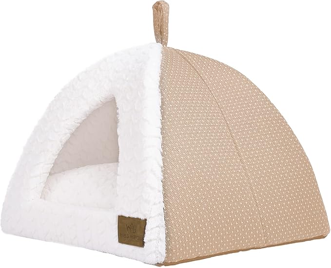 Cat Dog Tent Triangle Bed Removable Cushion Cover Two Way Conversion (Medium, Beige Linen)