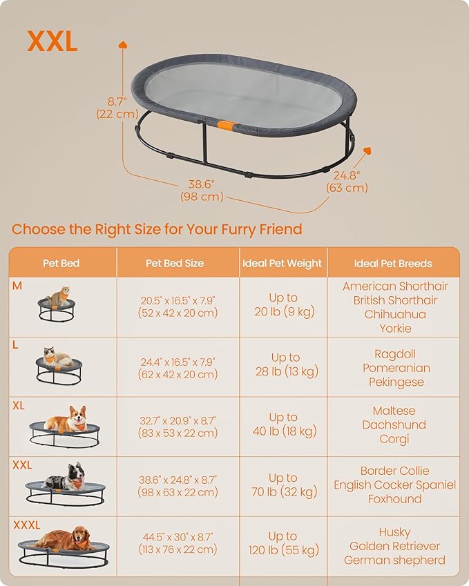 Feandrea Pet Bed, Cat Hammock, Elevated Cat Bed for Multiple Cats, with Removable Washable Mesh, for Pets up to 70 lb, Oval, Gray UPCB004G01