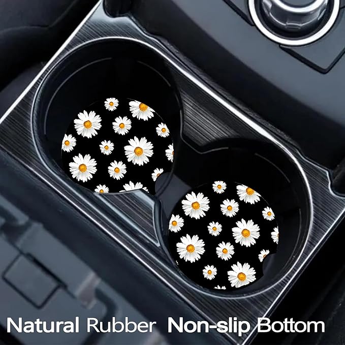 Car Coasters for Cup Holders,2 Pack White Daisy Car Cup Holder Coasters,2.75" Universal Size Anti Slip Rubber Mat,Automotive Cup Holder Decal Decor Accessories,Daisy Gifts for Women,Men,Mom