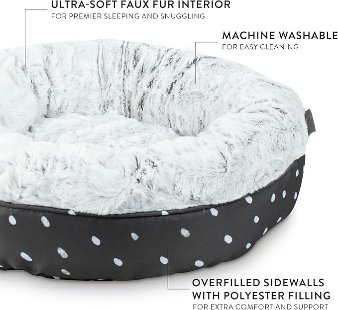 Fringe Studio Mudcloth Dabs Charcoal Small Circle Pet Bed 18"- Poly Filled with Faux Fur Interior - Machine Washable