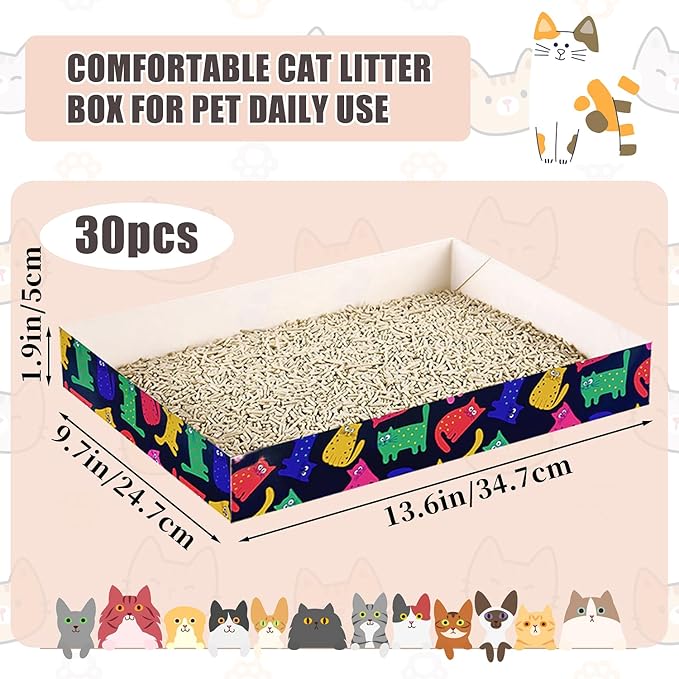 30 Pack Disposable Cat Litter Box, Foldable Paper Litter Box, Travel Cat Litter Box,Non Clumping Durable and Waterproof,Low Entry Easy Disposal,Portable(13.6x9.7x1.9 in)