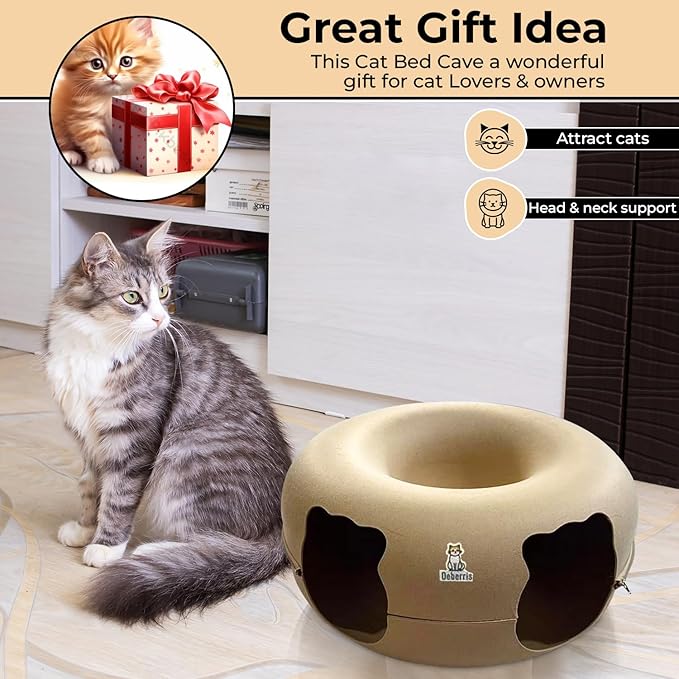 Peekaboo Cat Tunnel Bed - Large, Scratch-Resistant Donut Cave for Indoor Cats Up to 30-45 lbs, Detachable & Washable Design, Perfect Cozy Play & Rest Spot for Multiple Cats and Small Dogs