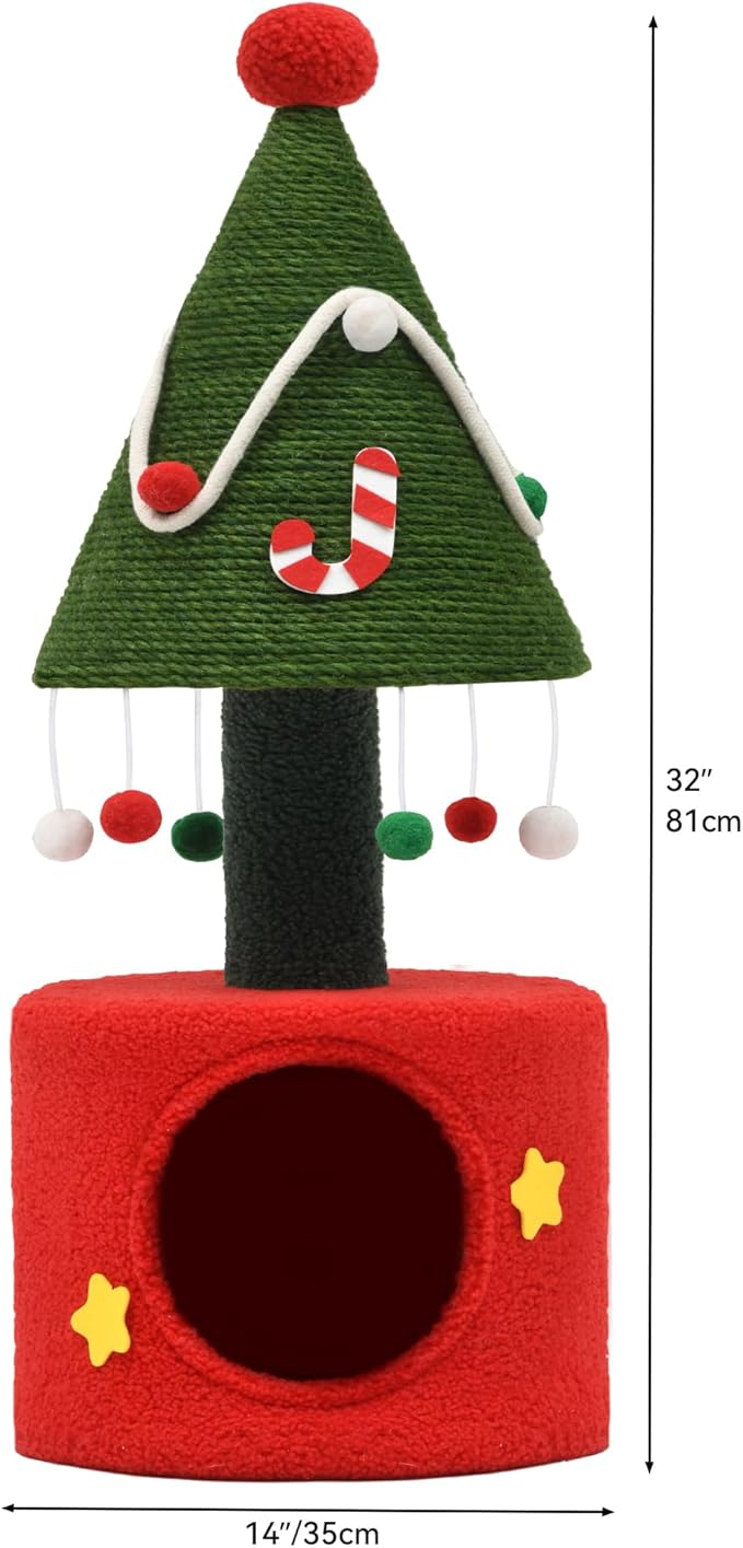 YITAHOME Cat Christmas Tree with Cat Scratching Post, 32 in Cute Cat Tree with Interactive Dangling Ball, Cat Tower for Indoor Cats with Small Cat Condos