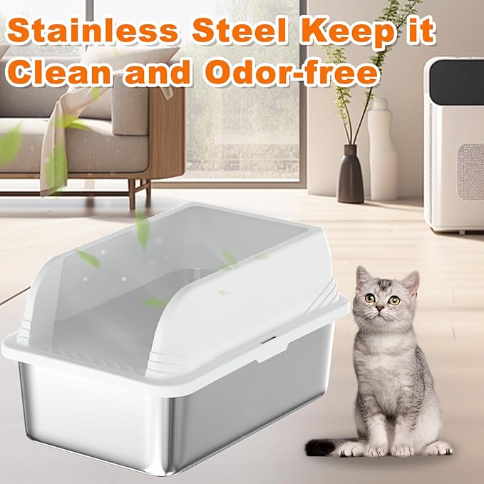 2 Pcs Stainless Steel Cat Litter Box with Lid, Extra Large High Sided Litter Box, XL Litter Box for Large Cats, Non-Leaking, Easy to Clean, Anti-Leakage Include Scoop(White)