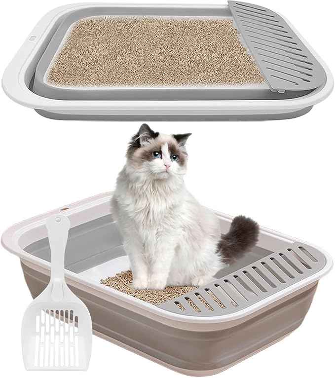 BNOSDM Large Cat Litter Box for Senior Cat - Foldable Kittens Travel Litter Box with Scoop Collapsible Cat Toilet Open Shallow Cats Potty Pan for Sick Disabled Older Cats Grey
