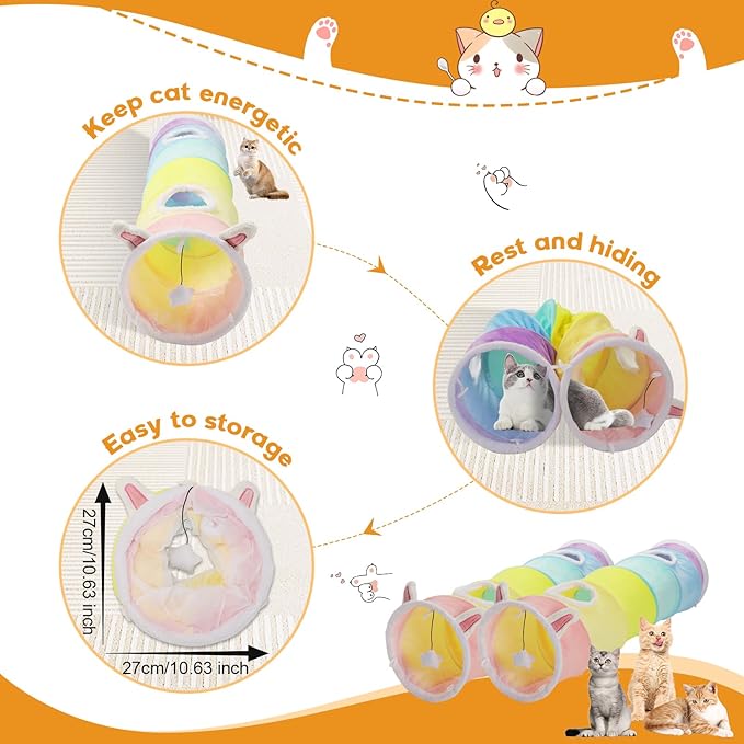 Large Size Straight Cat Tunnel with Four Holes and Hanging Ball for Indoor Cat Exercise, Interactive Crinkle Inside Material