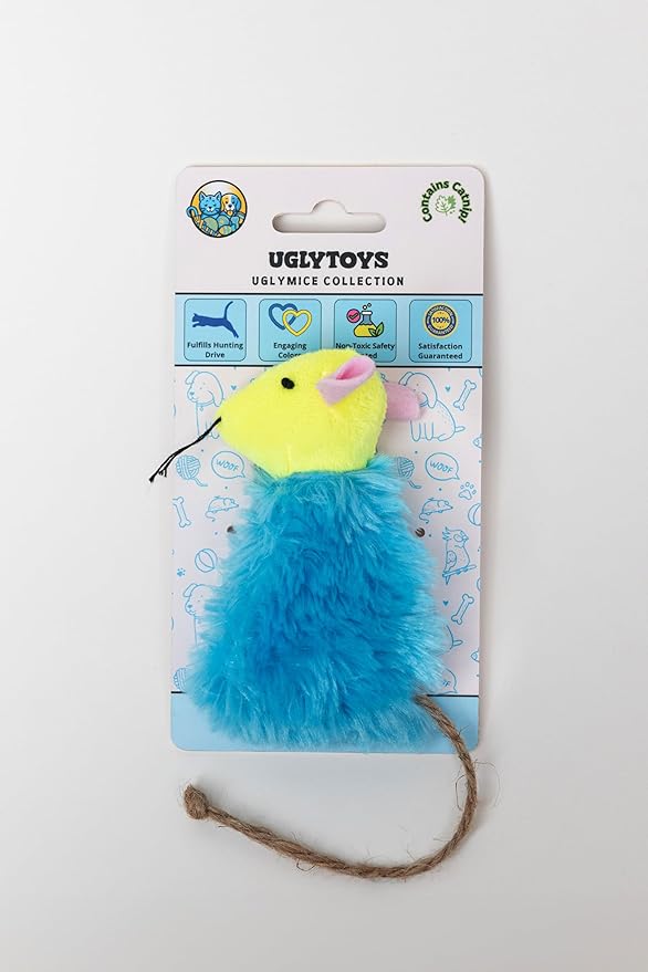 USA - UglyMice Collection, Refillable Plush Catnip Mouse Toy for Cats, Blue & Yellow Colors for Visual Enrichment, Hidden Pouch Catnip Included