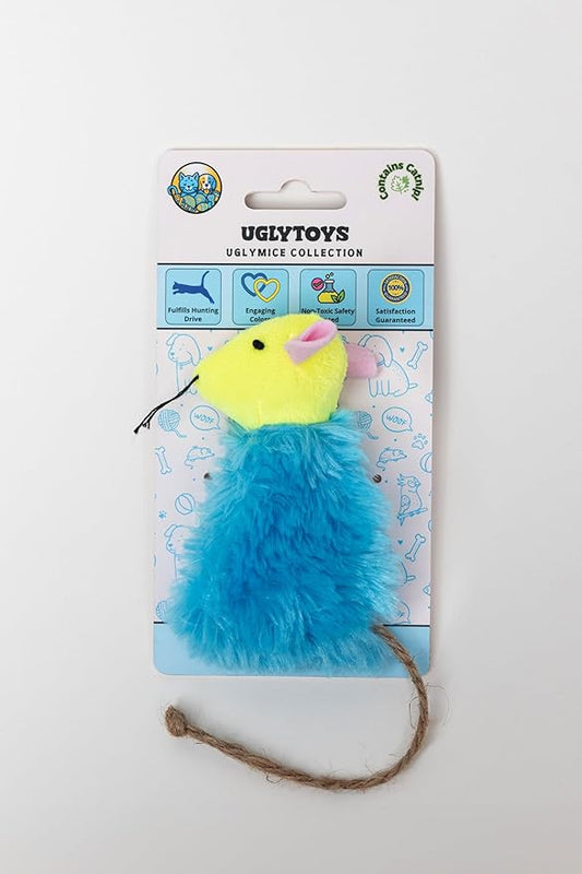 USA - UglyMice Collection, Refillable Plush Catnip Mouse Toy for Cats, Blue & Yellow Colors for Visual Enrichment, Hidden Pouch Catnip Included