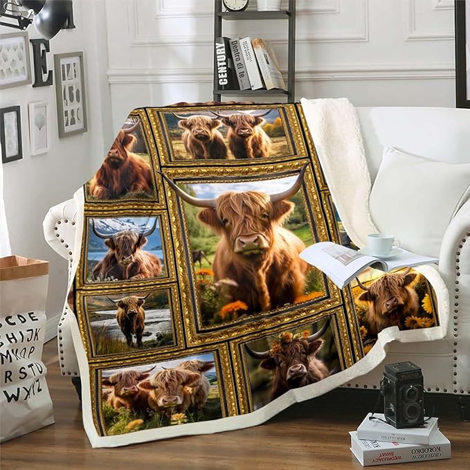 Feelyou Kids Highland Cow Fleece Throw Blanket Twin 60"x80" Highland Cattle Plaid Sherpa Blanket for Bed Sofa Couch Western Farmhouse Themed Plush Blanket Women Men Fuzzy Blanket