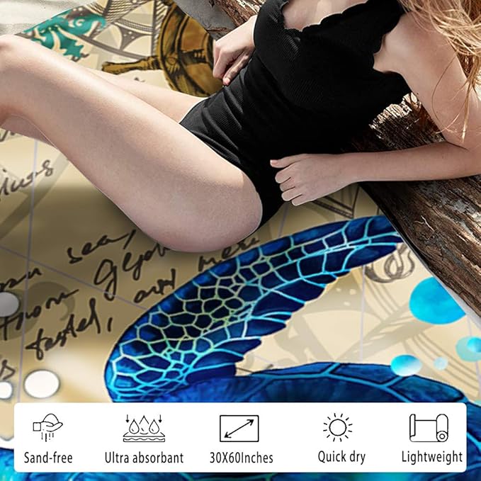 Sea Turtle Beach Towel, Cute Microfiber Bath Towel Gifts for Turtle Lovers, Funny Sand Free Quick Dry Boho Blue Travel Towels for Women Kids Yoga Sports 30" X 60"