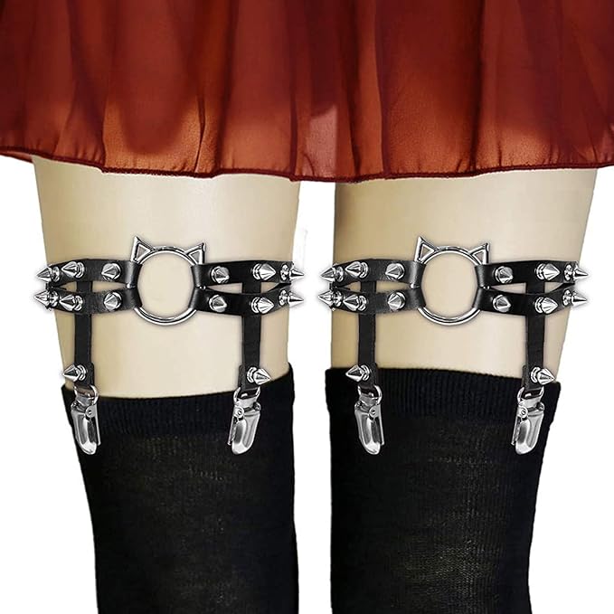 2pcs Adjustable Cat Leg Garter with Anti-Slip Clips, Elastic Punk Gothic Thigh Garter for Women and Ladies, 2 Pcs Black