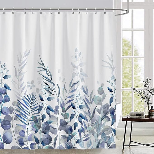 AWERT Shower Curtain Plants for Bathroom,Waterproof Quick-Drying Blue Leaves Shower Curtain Set with Hooks 72x72 Inch