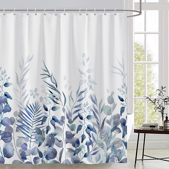 AWERT Shower Curtain Plants for Bathroom,Waterproof Quick-Drying Blue Leaves Shower Curtain Set with Hooks 60x72 Inch