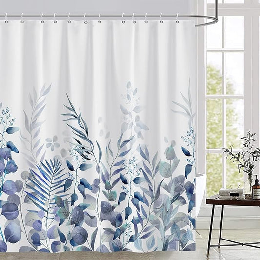 AWERT Shower Curtain Plants for Bathroom,Waterproof Quick-Drying Blue Leaves Shower Curtain Set with Hooks 60x72 Inch